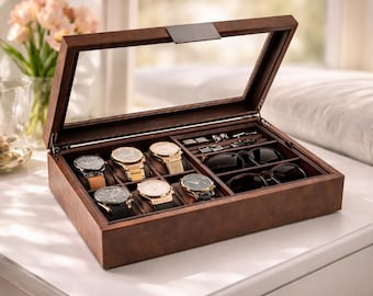 Men's Valet Jewelry Box Watch Organizer 6 Slot Cufflinks Sunglasses Storage Tray Case