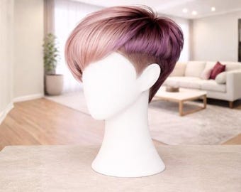 Peluca corta estilo pixie 100% cabello humano con efecto ombré de rosa a morado, postizo sintético moderno para un estilo atrevido, fácil de usar y cómodo.