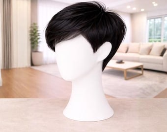 100% Kurze Pixie-Schnitt-Perücke in natürlichem Schwarz, modernes synthetisches Haarteil für mühelosen Stil, einfach zu tragende Perücke für den Alltags-Look