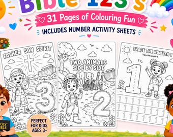 Pacote de atividades bíblicas imprimíveis para crianças | Aprendizado de números cristãos | Páginas para colorir da Bíblia | (Download em PDF)