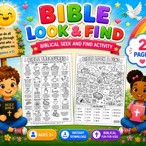 以下が含まれることがあります： 聖書のアイテムの白黒イラストが描かれた2ページの印刷可能なBible Look & Findアクティビティセット。太陽、虹、鳩、聖書を持つ2人の子供が描かれており、Philippians 4:13というテキストが含まれています。
