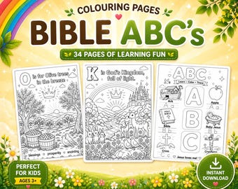 Páginas para colorir do alfabeto bíblico para crianças | Alfabeto cristão para imprimir | Atividade de aprendizado bíblico | Escola dominical e ensino domiciliar | Download instantâneo em PDF