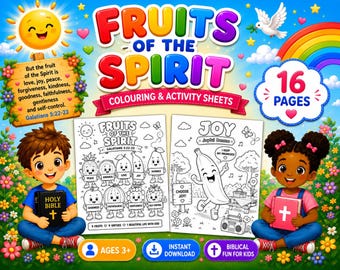 Fruits of the Spirit Colouring Activity Bundle | Christian Printable for Kids | Sunday School | Homeschool | Bible Lesson, Galatians 5:22–23