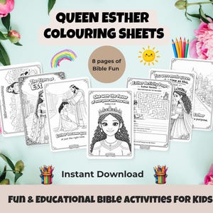 Fogli da colorare e attività sulla regina Ester | Pagine da colorare bibliche | Scuola domenicale | Attività parrocchiali stampabili.