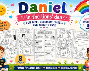 Desenhos para colorir de Daniel na cova dos leões | Pacote de atividades imprimíveis da história bíblica | Desenhos para colorir cristãos para crianças | Atividades para a Escola Dominical