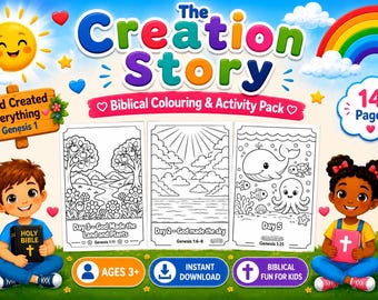 Pacote de atividades e desenhos para colorir da história da Criação | Atividades bíblicas de Gênesis 1 para crianças | Folhas de atividades cristãs para imprimir | PDF para Escola Dominical