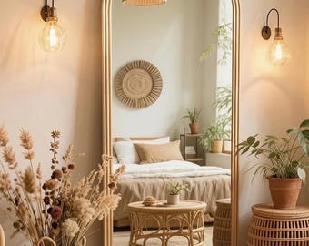Espejo de cuerpo entero arqueado de ratán, espejo de pie estilo bohemio, decoración moderna de estilo rústico.