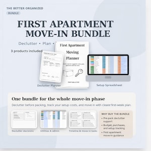 May include: A bundle for first apartment move-in, including a declutter planner, moving planner, and setup spreadsheet. The image features a laptop, a key, and a white paper with text. The bundle helps with decluttering, planning, and tracking costs.
