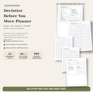 以下が含まれることがあります： 「Declutter Before You Move Planner」というタイトルのデジタルプランナーで、プレビューページがあります。引っ越し前に散らかりを減らすのに役立ちます。印刷可能なページが14ページ、A4とUSレターサイズで、PDFを即座にダウンロードできます。