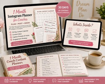 Planejador de conteúdo para Instagram – Calendário de conteúdo de 30 dias + Sugestões de legendas + Estratégia de engajamento. Download digital.