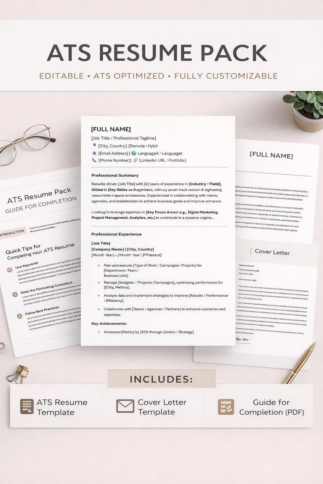 Ats-friendly Resume Template Pack | CV + Cover Letter + Guide ...