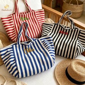Personalized Striped Tote Bag, Custom Embroidered Name Beach Bag, Large Canvas Tote, Vacation Bag, Bridesmaid Gift, Travel Tote image 10