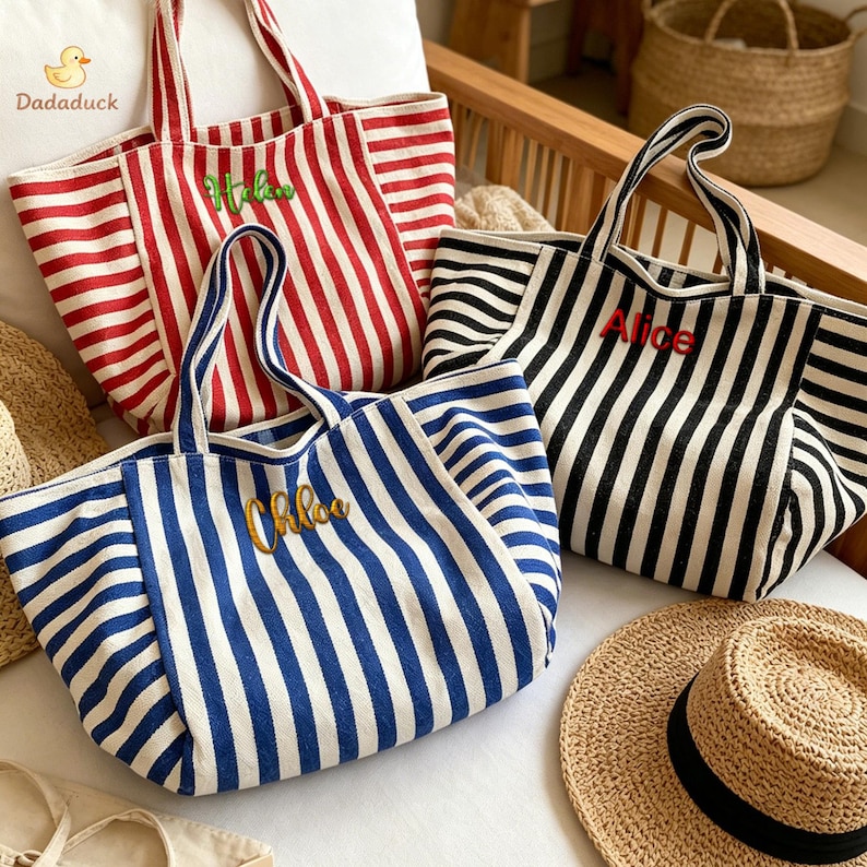 Personalized Striped Tote Bag, Custom Embroidered Name Beach Bag, Large Canvas Tote, Vacation Bag, Bridesmaid Gift, Travel Tote image 10