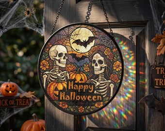 Halloween Stained Glass Suncatcher, Spooky Window Hanging Decor, Halloween Gift, Glass Sun Catcher Ornament, Witchy Decor