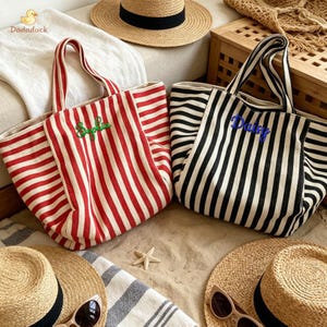 Personalized Striped Tote Bag, Custom Embroidered Name Beach Bag, Large Canvas Tote, Vacation Bag, Bridesmaid Gift, Travel Tote image 9