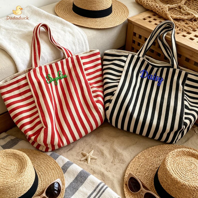 Personalized Striped Tote Bag, Custom Embroidered Name Beach Bag, Large Canvas Tote, Vacation Bag, Bridesmaid Gift, Travel Tote image 9