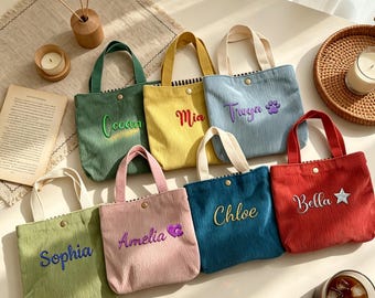 Personalized Corduroy Tote Bag, Cute Mini Tote Bag for Women, Custom Name Handbag, Small Lunch Tote, Aesthetic Everyday Bag