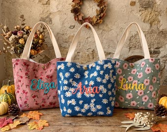 Personalized Floral Tote Bag, Custom Name Corduroy Bag, Embroidered Flower Tote, Everyday Shoulder Bag, Personalized Gift for Her