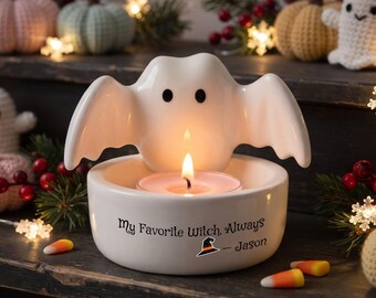 Personalized Halloween Candle Holder, Custom Ceramic Bat Candle Decor, Spooky Home Decoration, Halloween Gift, Cozy Fall Night Decor