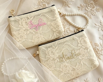 Personalized Lace Clutch, Custom Embroidered Name Bridal Purse, Vintage Wedding Clutch, Bridesmaid Gift, Elegant Lace Handbag for Women