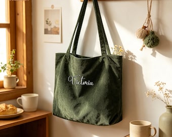 Personalized Corduroy Tote Bag, Custom Embroidered Name Tote, Bridesmaid Gift, Teacher Gift, Birthday Gift for Her, Everyday Shoulder Bag