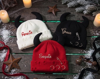 Custom Devil Horn Beanie, Personalized Halloween Hat, Embroidered Name Winter Beanie, Spooky Party Accessory, Halloween Gift for Her