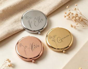 Personalized Compact Mirror, Custom Name Pocket Mirror, Bridesmaid Gift for Women, Engraved Makeup Mirror, Wedding Party Favor,