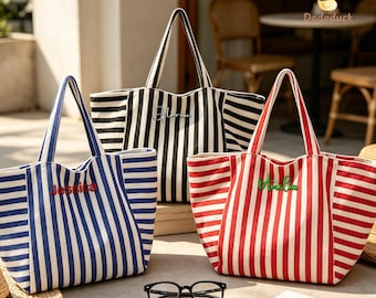 Personalized Striped Tote Bag, Custom Embroidered Name Beach Bag, Large Canvas Tote, Vacation Bag, Bridesmaid Gift, Travel Tote