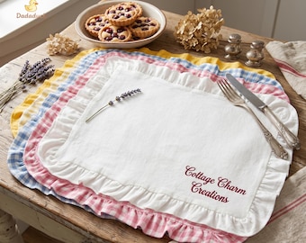 Personalized Embroidered Placemat, Custom Name Cotton Table Mat, Ruffle Placemat, Wedding Table Decor, Family Dining Placemat