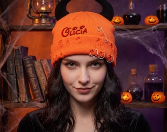Personalized Halloween Beanie, Custom Devil Horn Hat, Embroidered Name Beanie, Halloween Hat, Spooky Gift, Halloween Party Accessory