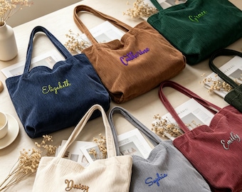 Personalized Corduroy Tote Bag, Custom Embroidered Name Tote, Large Everyday Shoulder Bag, Bridesmaid Gift, Travel Tote, Gift for Her