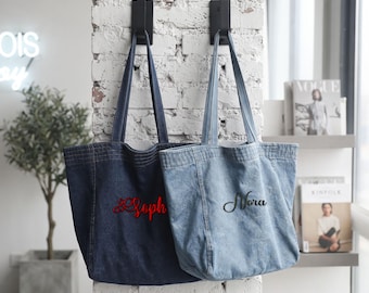 Personalized Denim Tote Bag, Custom Embroidered Name Bag, Monogram Jean Tote, Everyday Shoulder Bag, Custom Gift for Her