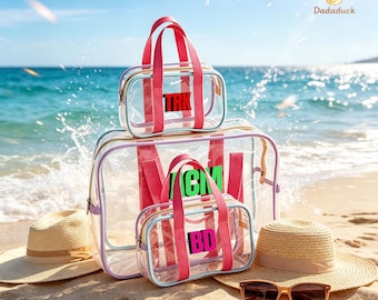 Gepersonaliseerde doorzichtige make-uptas, make-uptasje aangepaste naam gelei, waterdicht transparant reisetui, strandtoilettas, cadeau bruidsmeisje