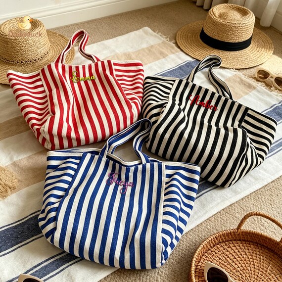 Personalized Striped Tote Bag, Custom Embroidered Name Beach Bag, Large Canvas Tote, Vacation Bag, Bridesmaid Gift, Travel Tote