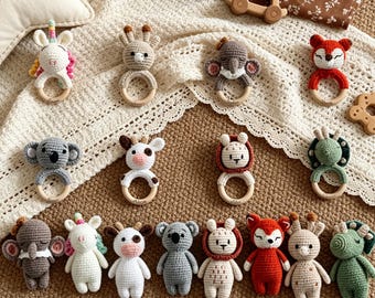 Personalized Crochet Animal Rattle for Babies, Custom Name Baby Toy, Soft Crochet Sensory Toy, Baby Shower Gift for Newborns
