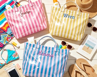 Personalized Clear Beach Tote Bag, Custom Name PVC Tote, Striped Waterproof Pool Bag, Bridesmaid Gift, Vacation Tote, Gift for Her