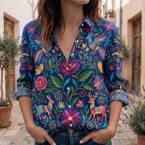 Peut inclure: Une chemise à manches longues boutonnée d'un bleu profond avec un imprimé d'art populaire multicolore et vibrant. Le motif présente des oiseaux stylisés, un lapin, un cerf et divers motifs floraux dans des tons de rose, jaune, vert et violet.