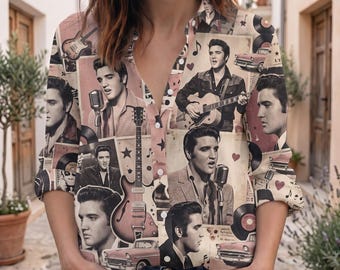 Vintage Elvis Presley collage blouse, retro rock-'n-roll damesblouse met knoopjes, rockabilly top, muziekcadeau uit de jaren 50