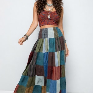 IMAGINE Falda larga de festival estilo hippie bohemio retro de algodón fruncido con patchwork