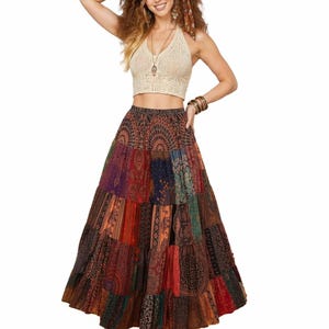 JONI Patchwork BOHO Flowy Skirt Elastic Waist Rayon Retro Style Hippie Handmade