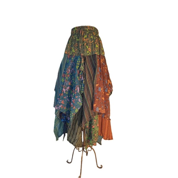 PIXIE Mushroom Print Patchwork Boho Handkerchief Hippie Fest Skirt
