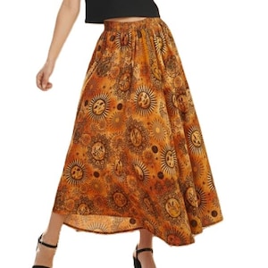 MOON SHADOW Celestial Stars Print Cotton Hippie Skirt Natural or Rust Color