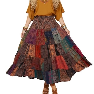 JONI Patchwork BOHO Flowy Skirt Elastic Waist Rayon Retro Style Hippie Handmade