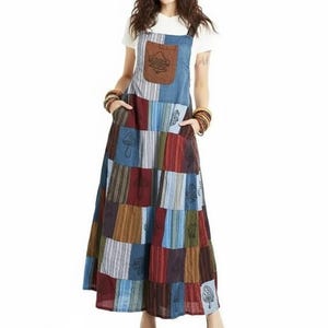 MELODY FAIR Mushroom Print Overalls Bibs Patchwork Hippie Festival Dress