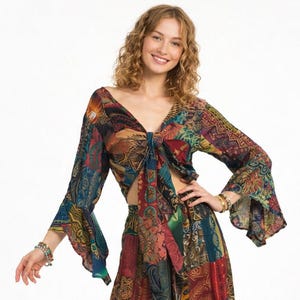 JONI 2 Boho Tie Front Cropped Bolero Bell Sleeve Cotton Top Hippie Patchwork
