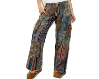 AMANITA Handmade Mushroom Print Cargo Pants Hippie Festival Funky Unisex Cotton Pants