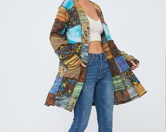 BOBBY McGEE  MUSHROOM Patchwork Open Cardigan Kimono Hippie Jacket
