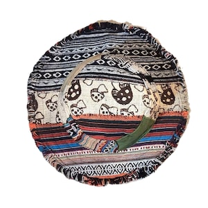 HEMP HAT Unisex Patchwork w/ Mushrooms  Fringe Wire Rim Funky Hippie Hat
