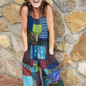WOODSTOCK Patchwork Wide Leg Hippie Bib Overalls Jumpsuit Festival Funky image 3
