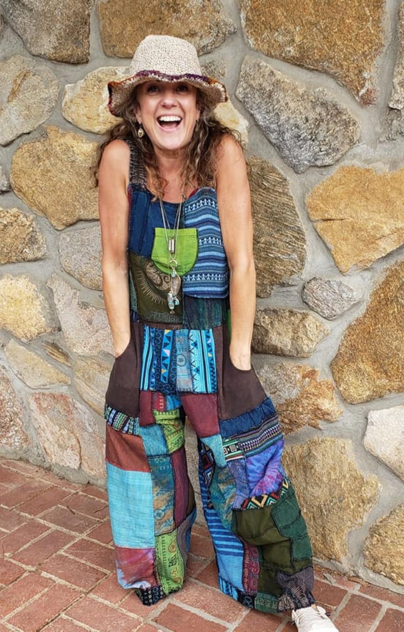 WOODSTOCK Patchwork Wide Leg Hippie Bib Overalls Jumpsuit Festival Funky image 3